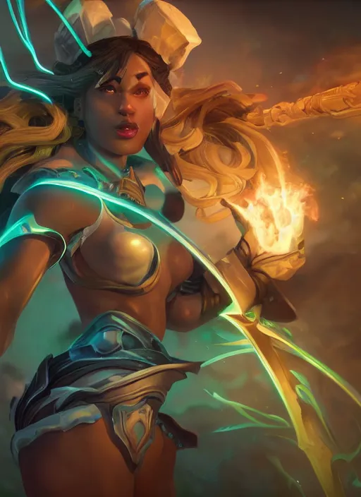 Image similar to senna from league of legends, au naturel, firing a giant weapon, brown skin, glowing green neon eyes, wearing white robe, digital art, trending in artstation, cinematic lighting, studio quality, smooth render, unreal engine 5 rendered, octane rendered, art style by klimt and nixeu and ian sprigger and wlop and krenz cushart