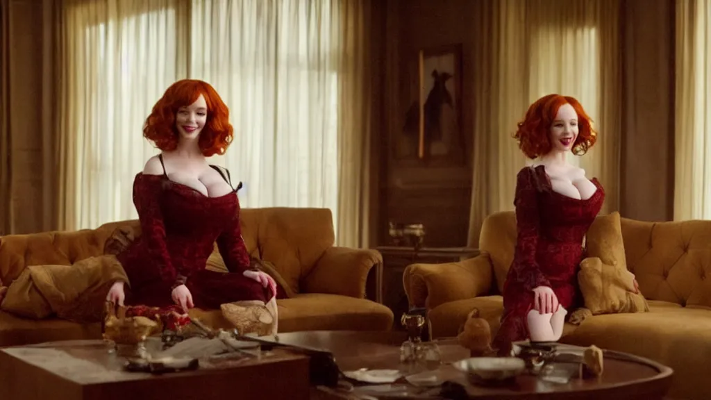 Prompt: a very happy beautiful Christina Hendricks in the living room, film still from the movie directed by Denis Villeneuve with art direction by Salvador Dalí, wide lens