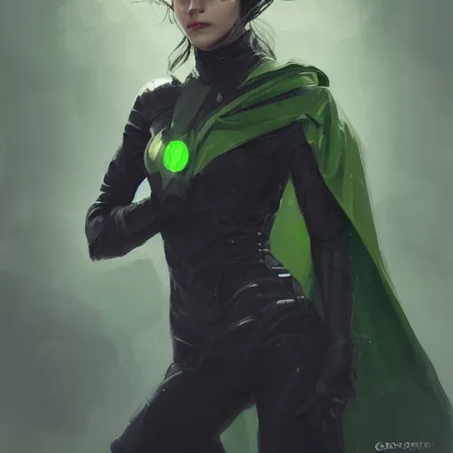 Image similar to portrait of a female superhero by greg rutkowski, she looks like thomasin mackenzie, she is wearing a black and green kevlar gear with a cape, highly detailed portrait, digital painting, artstation, concept art, smooth, sharp foccus ilustration, artstation hq