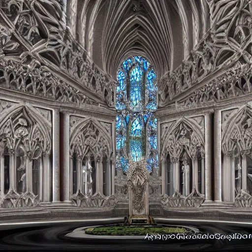 Image similar to a hyperrealistic 3 d render of a delicate ivory sculpture of an ornate detailed cathedral populated by mandelbrot fractals, micro detail, unreal engine, backlit lighting, octane renderer, catholicpunk, glowing, photorealistic, physically based rendering, carved soap, trending on cgsociety