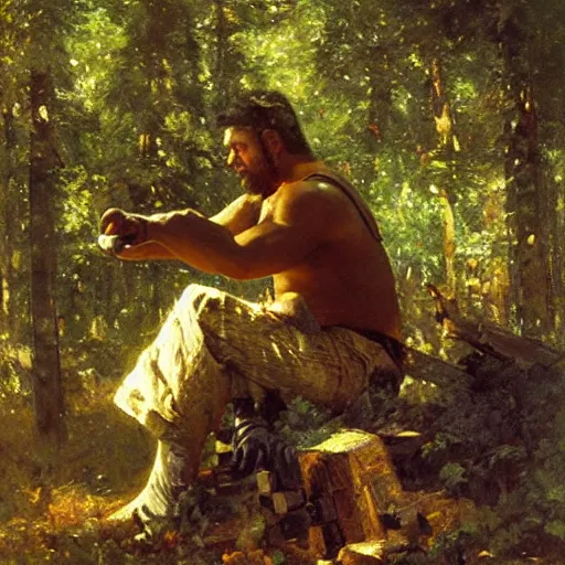 Image similar to a muscular lumberjack playing chess in the woods, fantasy painting by gaston bussiere, craig mullins