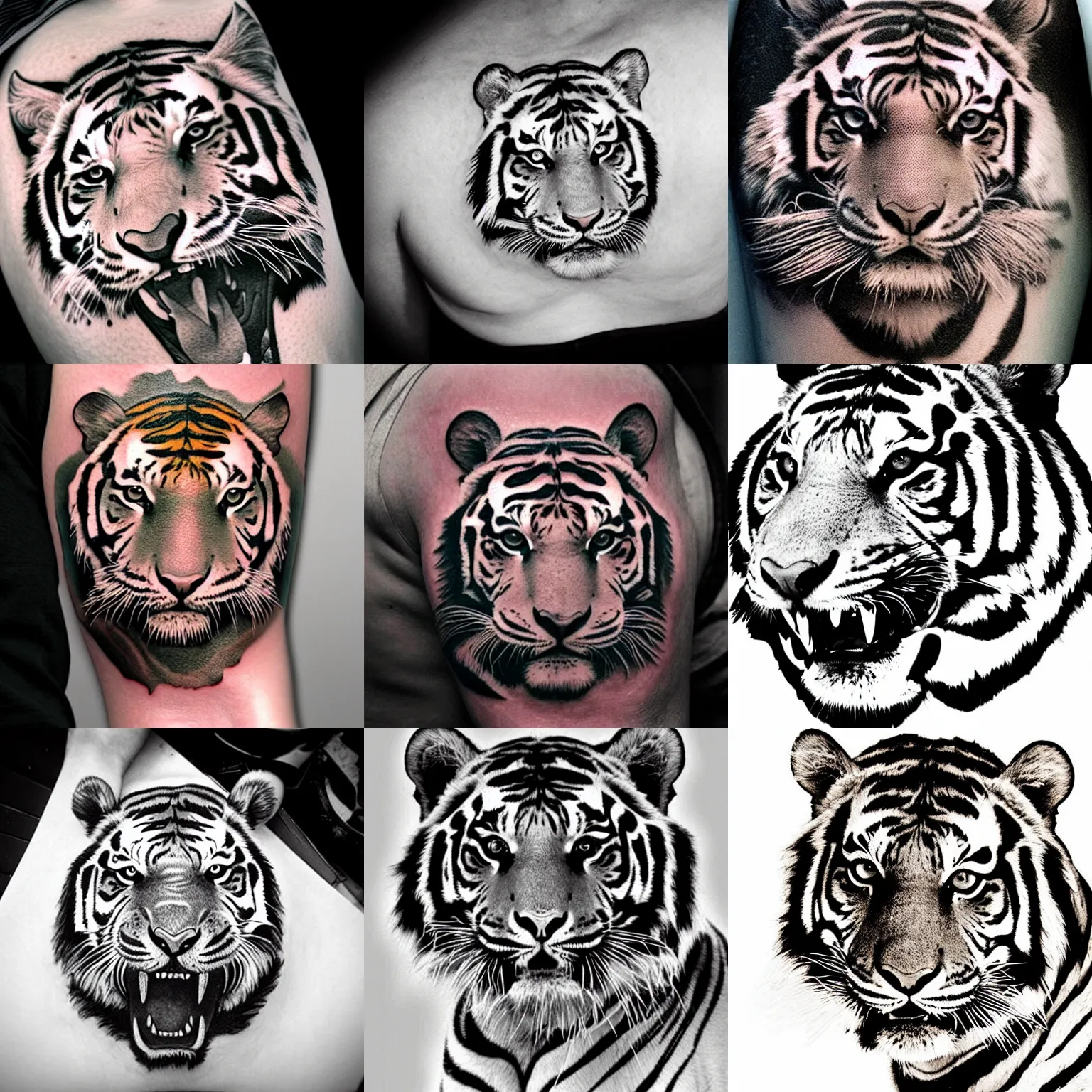 Prompt: a tatoo design of the head of a tiger, the tiger is smiling