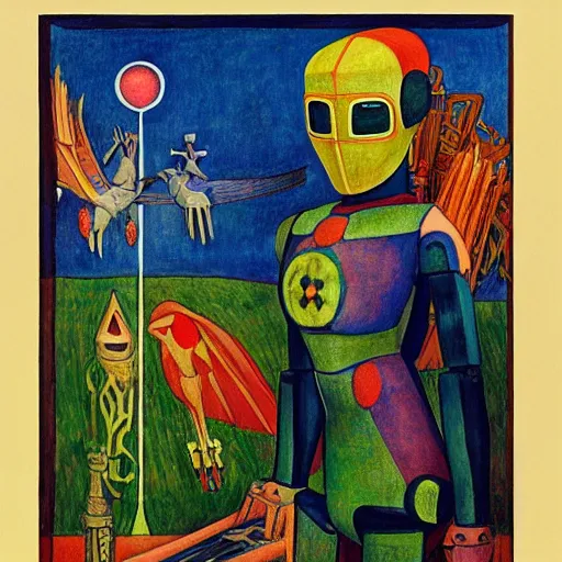 Image similar to the crow in her robot mask stands on the lawn, by annie swynnerton and kit williams and diego rivera and leo and diane dillon and nicholas roerich, symbolist, dramatic lighting, elaborate geometric ornament, art brut, god rays, soft cool colors, smooth, sharp focus, extremely detailed