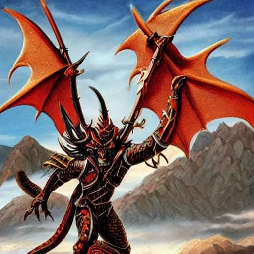 Prompt: am a naranbaatar ganbold, jean giraud, artgerm, devil in armor made of iron and dragon bones, with hellish devil wings, height detailed body elements, against the background of mountains, ocean, battlefield