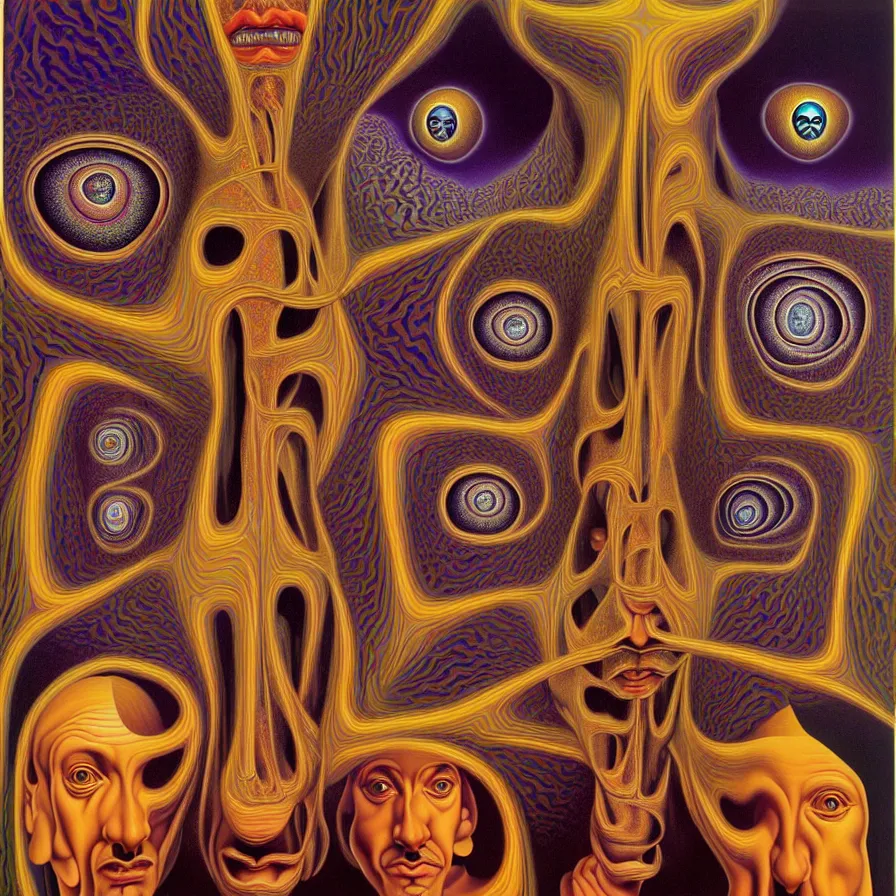 Prompt: infinite fractals of faces forming a single human face, recursion, surreal, by salvador dali and mc escher and alex grey, oil on canvas, weird, dreams, consciousness, strange loops, fantasy, intricate details, warm colors