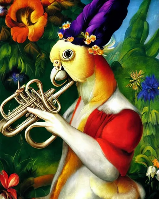 Prompt: baroque portrait of a anthropomorphic cockatoo playing a trumpet, garden with flowers background, digital art, dnd character, award winning, by franz marc