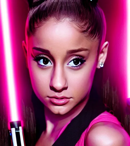 Image similar to A hyper realistic photo of Ariana Grande in the Star Wars universe with two pink lightsabers held in each hand. Maximum detail on artstation, photo realism