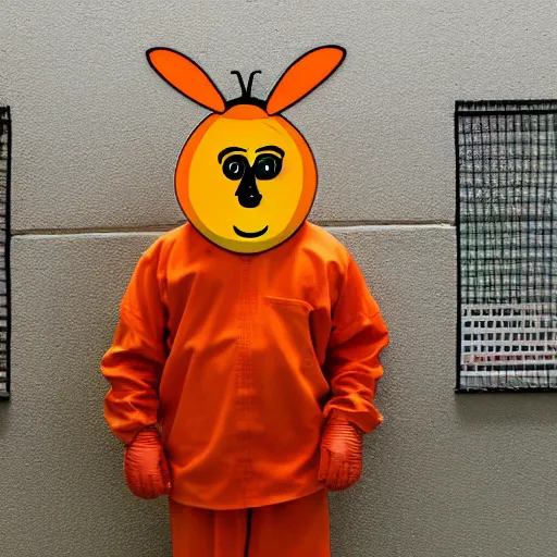 Image similar to inmate with orange suit and wearing a bee head