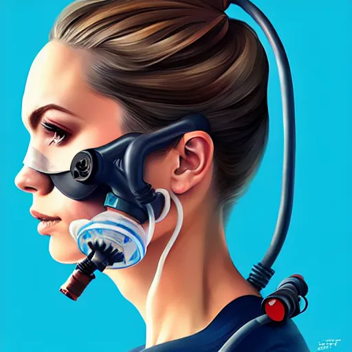 Prompt: a profile photo of an undercover agent with oxygen mask, side profile in underwater, highly detailed, digital painting, artstation, concept art, smooth, sharp focus, illustration by Sandra Chevrier