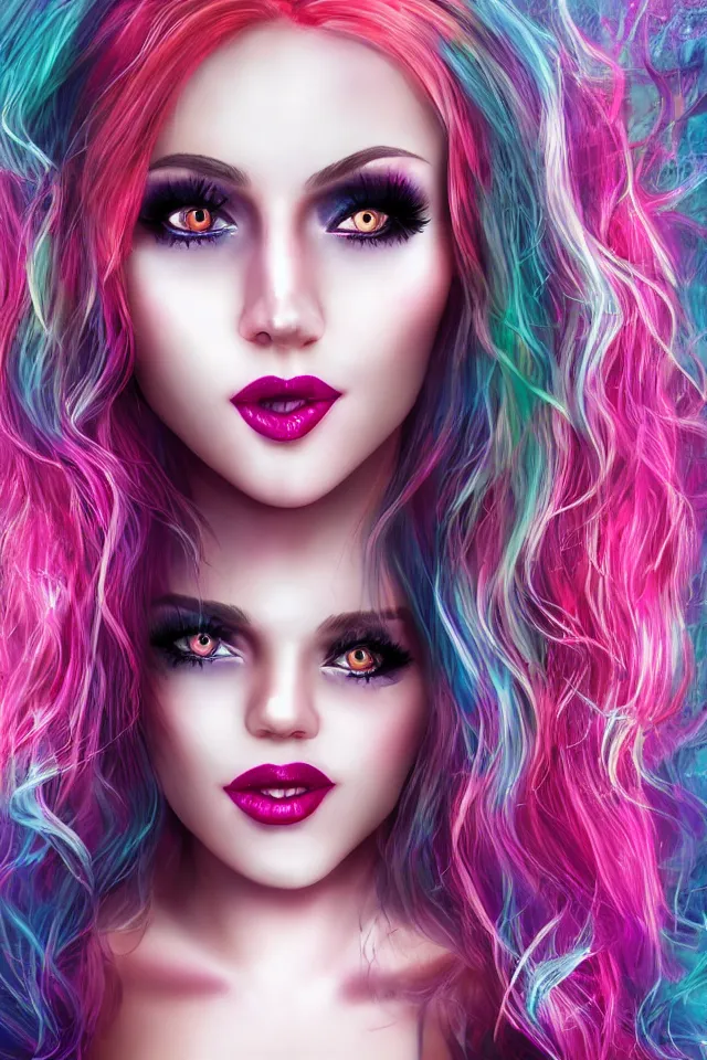 Image similar to ultra realistic portrait of a hot witch , colorful hair, pink lips, gorgeous smile, stunning, hottest, 8K resolution, deviantart,