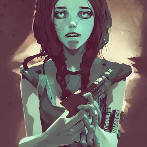 Image similar to Highly detailed portrait of a moody sullen punk zombie young lady with freckles by Atey Ghailan, by Loish, by Bryan Lee O'Malley, by Cliff Chiang, by Goro Fujita, by Greg Tocchini, inspired by ((image comics)), inspired by nier:automata, inspired by graphic novel cover art !!!cyan, brown, black, yellow and white color scheme ((grafitti tag brick wall background))