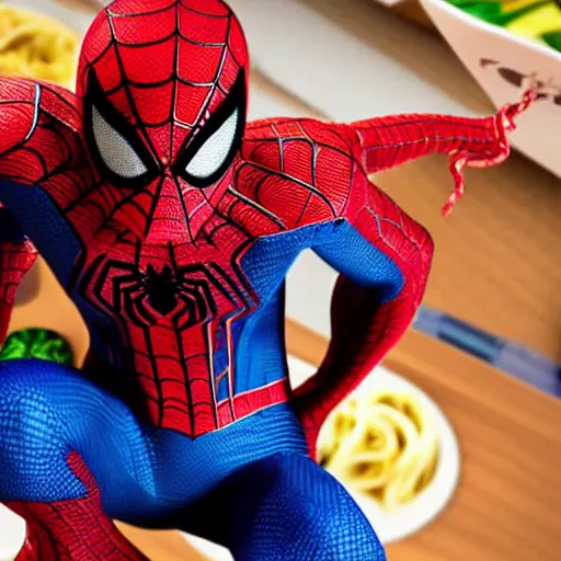 Image similar to close up zoom photo of spiderman eating noodles