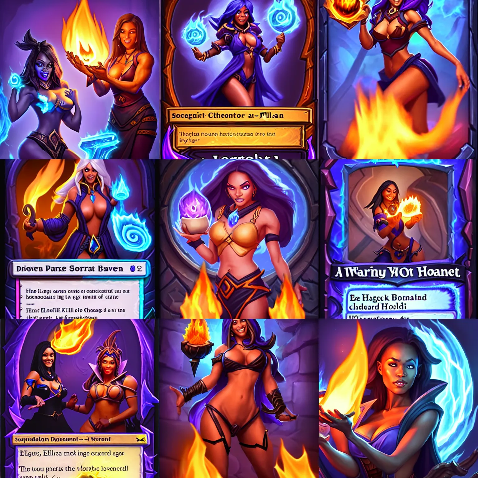 Prompt: Who : a sorceress with black clothed casting a fire ball; Physical : Ella Knox & Beverly Paige exact same body ; IMPORTANT : Hearthstone official splash art, award winning, trending on Hearthstone