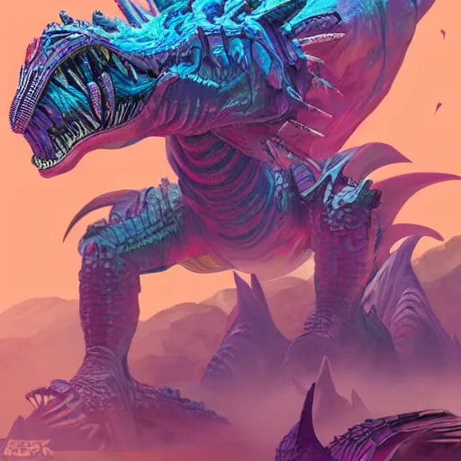 Image similar to futuristic alien race fighting dinosaurs, d & d style, trending on artstation, colorful, intricate, art by kev chan