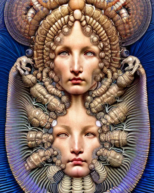 Image similar to hyperrealistic detailed face portrait of the beautiful goddess of the giant isopods with an intricate golden ornamental geometrical fractal giant isopod masked headdress, art by ernst haeckel, john william godward, android jones, alphonso mucha, h. r. giger, gothic - cyberpunk, ornamental, dimmed pastel colours,