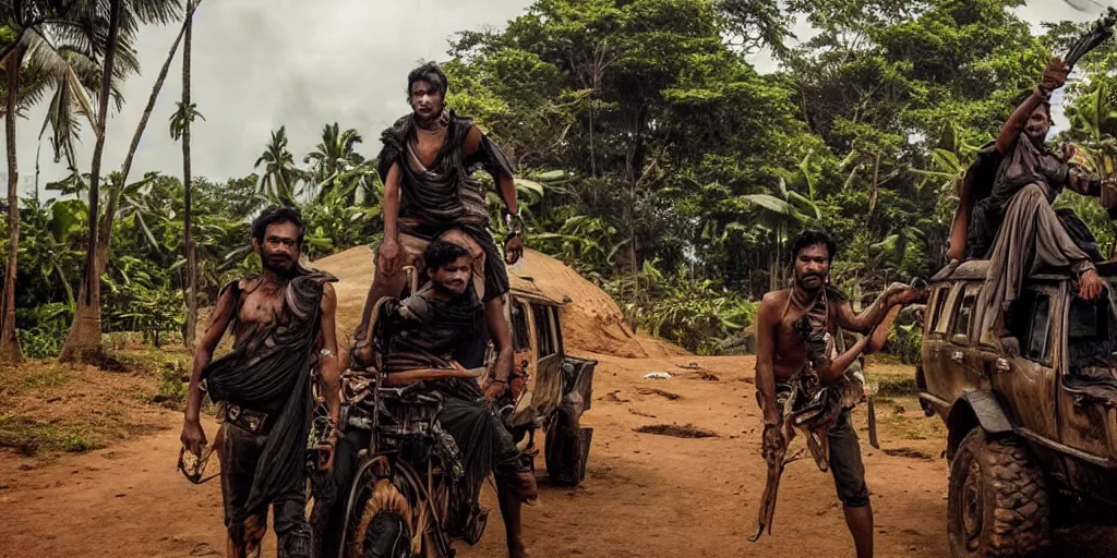 Prompt: sri lankan mad max style, jungle, film still, epic shot cinematography, rule of thirds