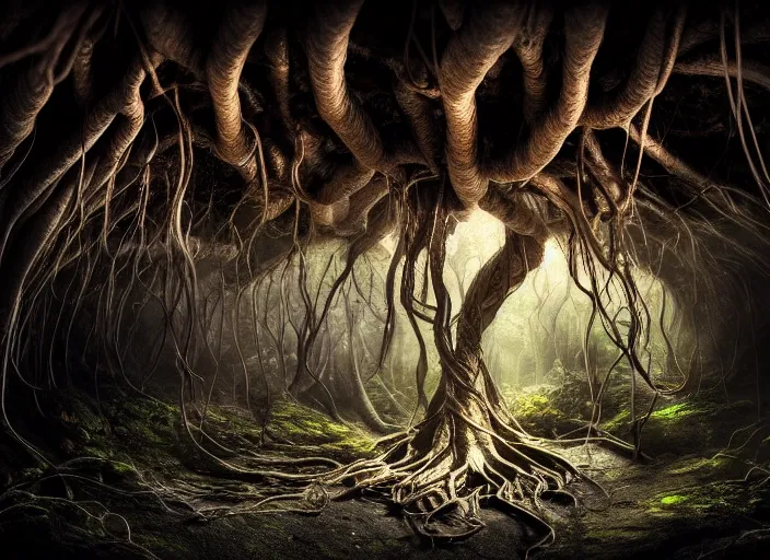 Image similar to photo of roots growing down from a ceiling in an underground cavern wrapped around an elven woman. Fantasy magic horror style. Highly detailed 8k. Intricate. Nikon d850 55mm. Award winning photography.