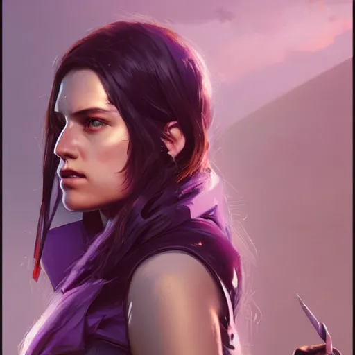 Image similar to very detailed masterpiece painting of a very beautiful caucasian young cyberpunk woman with dark purple hair, portrait, artstation, concept art by greg rutkowski