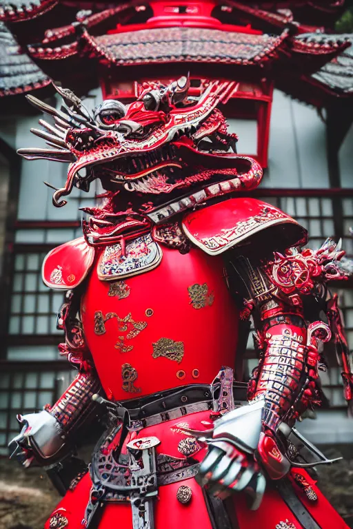 Image similar to photography of a mechanical dragon samurai in red japanese armor taken with Leica M11