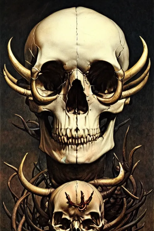 Prompt: human skull with horns and three eyes artists anatomy in the style of wayne barlowe, gustav moreau, goward, bussiere, roberto ferri, santiago caruso, luis ricardo falero, dali