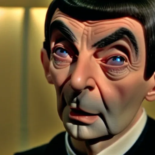Image similar to mr. bean as mr. spock from star treck. movie still. cinematic lighting.