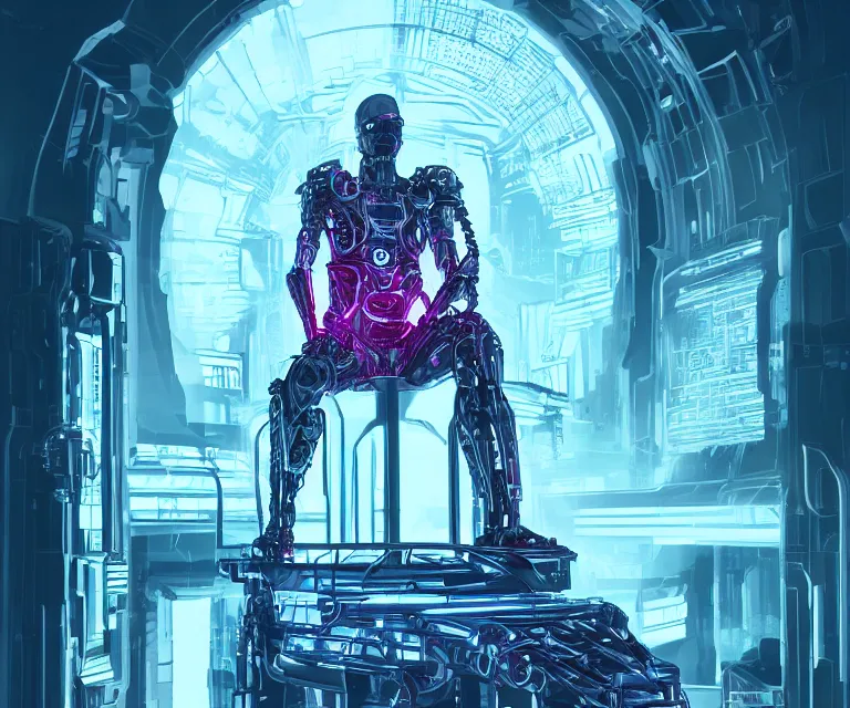 Image similar to translucent cyborg sitting on a metal throne in a futuristic castle, cyberpunk, highly detailed, sharp lines, neon lights