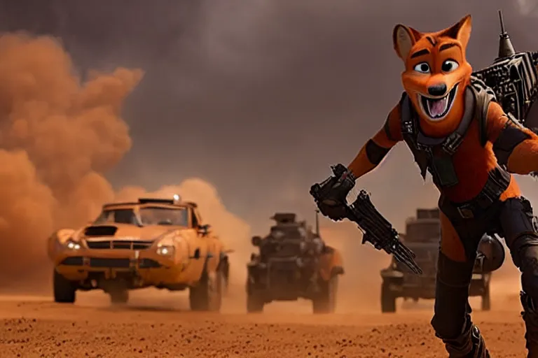 Image similar to nick wilde, heavily armed and armored facing down armageddon in a dark and gritty reboot from the makers of mad max : fury road :