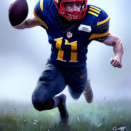 Prompt: highly detailed portrait of cooper kupp eating a football, unreal engine, fantasy art by greg rutkowski, loish, rhads, ferdinand knab, makoto shinkai and lois van baarle, ilya kuvshinov, rossdraws, tom bagshaw, global illumination, radiant light, detailed and intricate environment