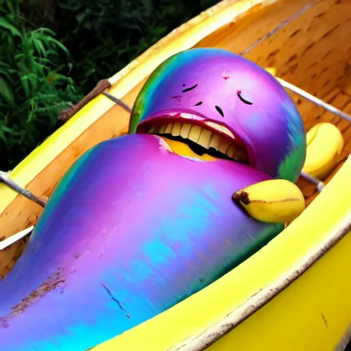 Prompt: friendly ripe smiling banana in a boat, background iridescent clouds