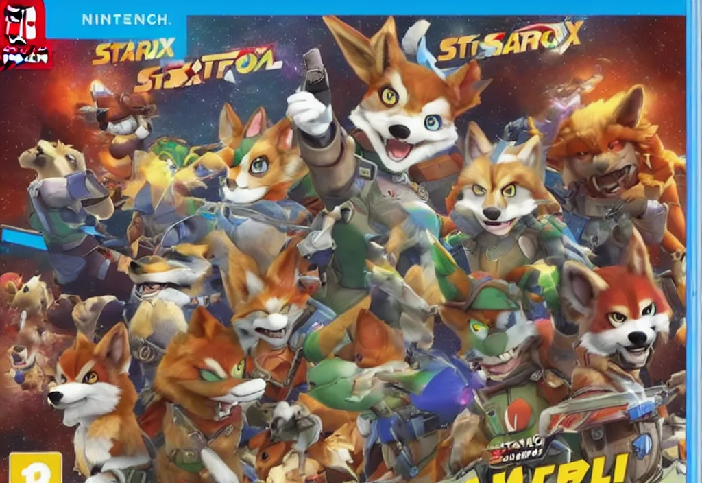 Image similar to nintendo switch box cover of a new starfox spinoff action game featuring anthro fursona furry wolf o'donnell and his space cadet crew, rated t for teen