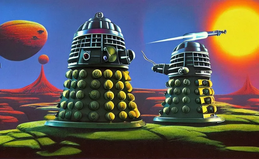 Prompt: daleks in the time vortex, beautiful retro art, no blur, 4 k resolution, ultra detailed, roger dean,