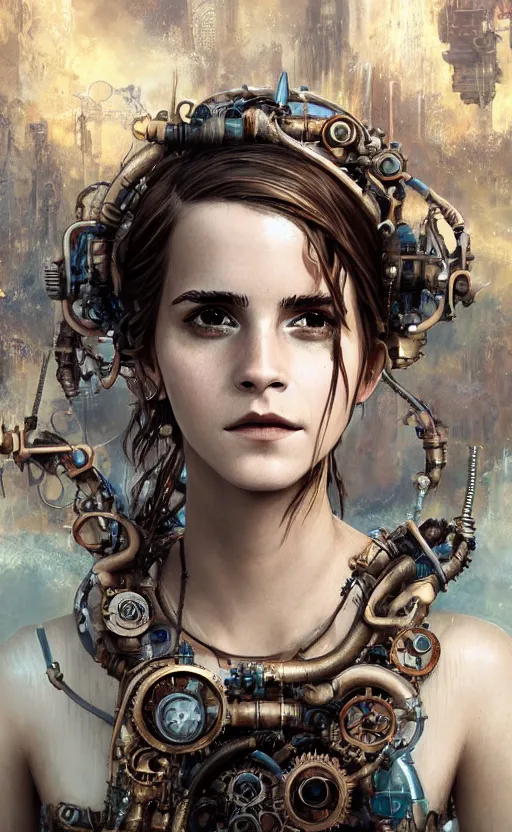 Image similar to underwater steampunk biopunk portrait of emma watson, au naturel, hyper detailed, digital art, trending in artstation, cinematic lighting, studio quality, smooth render, unreal engine 5 rendered, octane rendered, art style by klimt and nixeu and ian sprigger and wlop and krenz cushart.