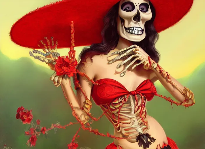 Image similar to cute & beautiful smiling mexican undead skeleton girl wearing a sombrero and a wide red dress, elegant, digital art, fantasy, pixar style, painting, pin up, highly detailed, artstation, art by artgerm, john la farge and boris vallejo