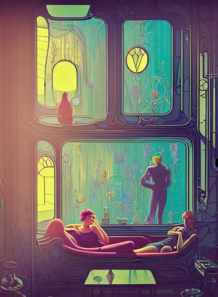 Image similar to telephoto 7 0 mm f / 2. 8 iso 2 0 0 photograph depicting the feeling of chrysalism in a cosy safe cluttered french sci - fi ( ( art nouveau ) ) cyberpunk apartment in a pastel dreamstate art cinema style. ( person relaxing living room near ) ( ( fish tank ) ), ambient light.