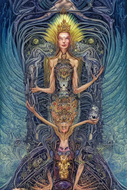 Prompt: beautiful tarot card of the queen of dreams by carol bak, jacek yerka, dan mumford, alex gray, victo ngai and h.r. giger, oil on canvas, symmetrical, 8k highly professionally detailed, HDR, trending on artstation