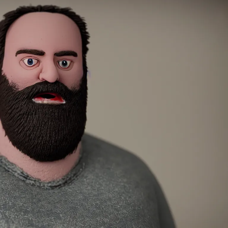 Image similar to a cinematic film still of a claymation stop motion film starring tom segura, shallow depth of field, 8 0 mm, f 1. 8