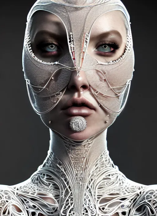 Image similar to portrait of an absurdly beautiful, graceful, sophisticated, fashionable futuristic woman, facial piercings, heavy body modification, hyperdetailed illustration by irakli nadar and alexandre ferra, intricate linework, white porcelain skin, faberge, intricate chrome headdress, dark atmosphere, unreal engine 5 highly rendered, global illumination, radiant light, detailed and intricate environment