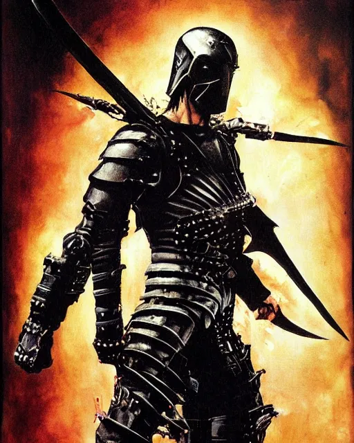 Image similar to portrait of a skinny punk keanu reeves wearing armor by simon bisley, john blance, frank frazetta, fantasy, thief warrior