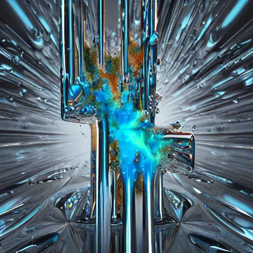 Prompt: abstract impossible chrome drippy sculpture, geometric shapes, concept art, 3D object, octane render, unreal engine, album cover art, by Alberto Seveso and David McLeod