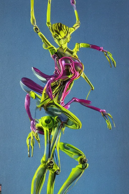 Prompt: a slim intricate super detailed anime character with fluo color detail, and muted arm colors, that looks like a insect, on top of a painting of plastic synthetic ionized metal flower sculptures