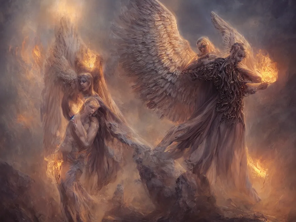 Image similar to angel holding a burning man in his arms, fantasy art, award winning, fantasy magic, intricate, elegant, sharp focus, cinematic lighting, highly detailed, digital painting, concept art, masterpiece, trending on artstation, 8 k