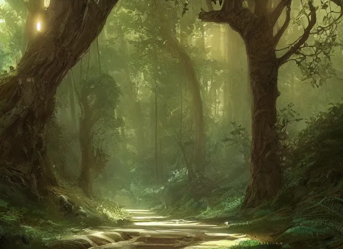 Image similar to A beautiful pathway in a forest, lush trees, a fantasy digital painting by Greg Rutkowski and James Gurney, trending on Artstation, highly detailed