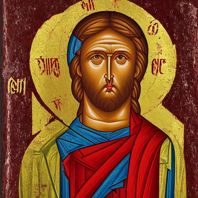 Image similar to A Christ icon presents a shining face that radiates grace and peace.