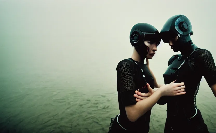 Image similar to cinestill 5 0 d candid photographic portrait by helen levitt of two loving female androids wearing rugged black mesh techwear in treacherous waters, extreme closeup, modern cyberpunk moody emotional cinematic, dust storm, 8 k, hd, high resolution, 3 5 mm, f / 3 2, ultra realistic faces, ex machina