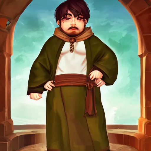 Image similar to portrait, 25 years old :: overweight fantasy mage :: green eyes, short black hair :: wearing a brown robe :: high detail, digital art, RPG, concept art, illustration