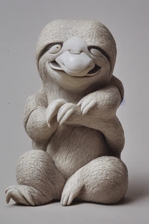 Image similar to white marble sculpture of a sloth wearing a tie, medium format film color photography