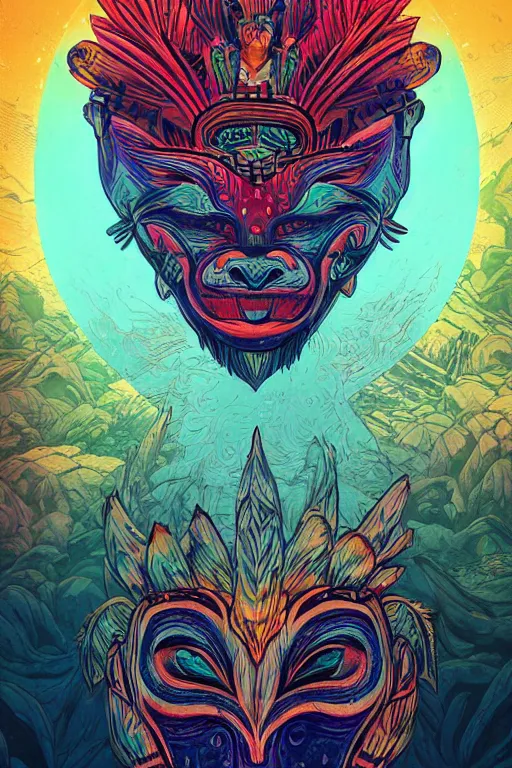 Image similar to totem animal tribal chaman vodoo mask feather gemstone plant video game illustration vivid color borderlands and by feng zhu and laurie greasley, victo ngai, andreas rocha, john harris radiating a glowing aura