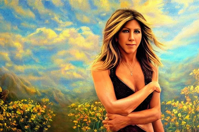 Image similar to jenifer aniston, fantasy, painting, ultra realistic!!!, clear weather, golden hour, sharp focus