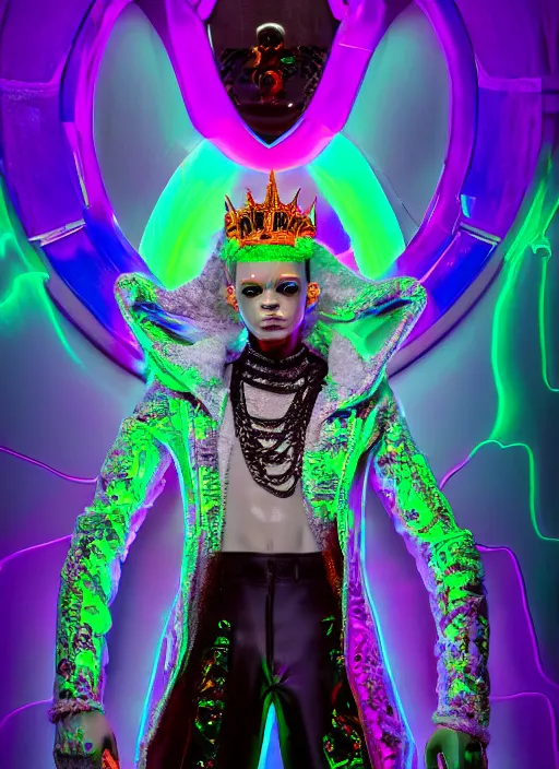 Image similar to photo of baroque and bladerunner delicate neon diamond sculpture of seductive ceramic albino prince reece king dotado creamy orange iridescent humanoid deity wearing white fluffy hoody holding diamond skull in a black metallic dungeon, reclining, glowing rainbow face, crown of white diamonds, cinematic lighting, photorealistic, octane render 8 k depth of field 3 d