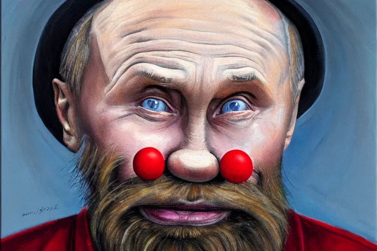 Image similar to putin as a clean-shaven sad hobo clown. head shot portrait. oil painting by emmett kelly.